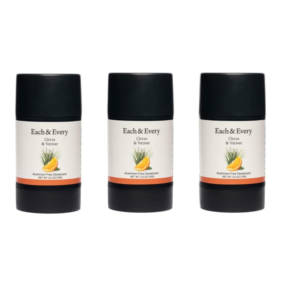 Each & Every All Natural Deodorant for Women & Men - Sensitive Skin, Plant-Based, Baking Soda & Aluminum-Free Deodorant - Long Lasting 24 Hr Odor Control - Citrus & Vetiver Travel Size (3 Pack, 2.5oz)