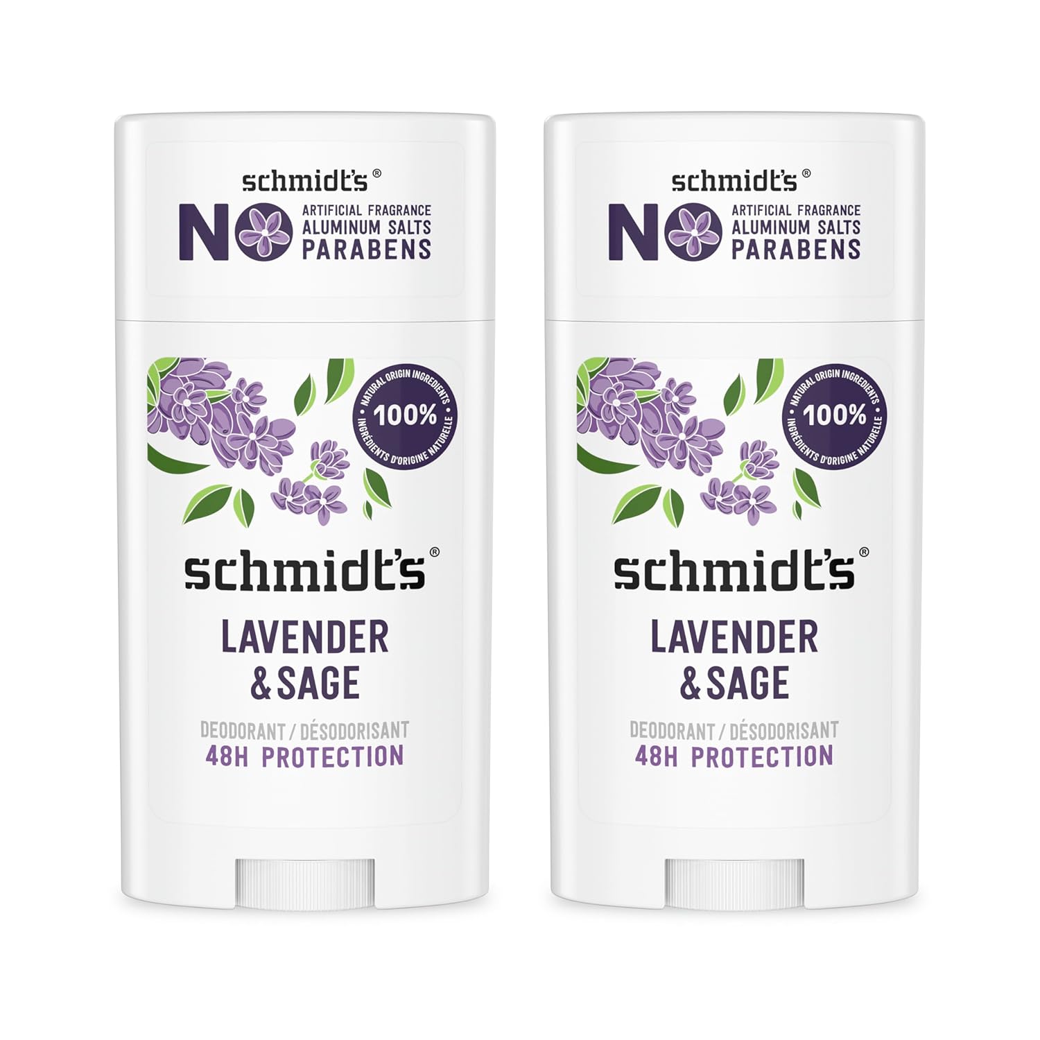 Schmidt's Aluminum-Free Vegan Deodorant Lavender & Sage with 24 Hour Odor Protection, 2 Count for Women and Men, Natural Ingredients, Cruelty-Free, 2.65 oz