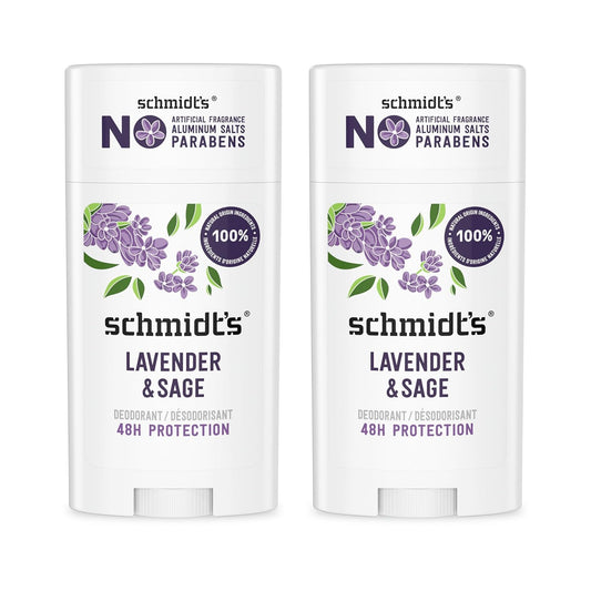 Schmidt's Aluminum-Free Vegan Deodorant Lavender & Sage with 24 Hour Odor Protection, 2 Count for Women and Men, Natural Ingredients, Cruelty-Free, 2.65 oz