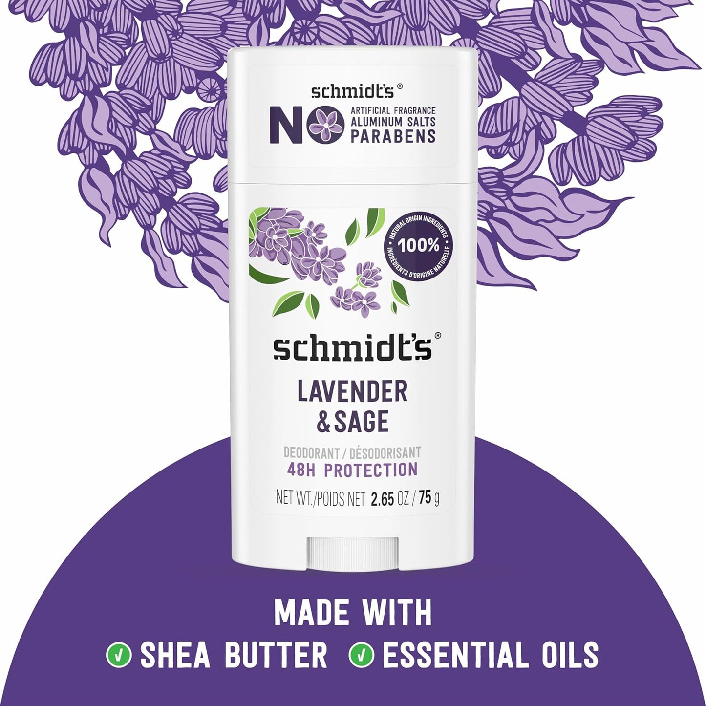Schmidt's Aluminum-Free Vegan Deodorant Lavender & Sage with 24 Hour Odor Protection, 2 Count for Women and Men, Natural Ingredients, Cruelty-Free, 2.65 oz