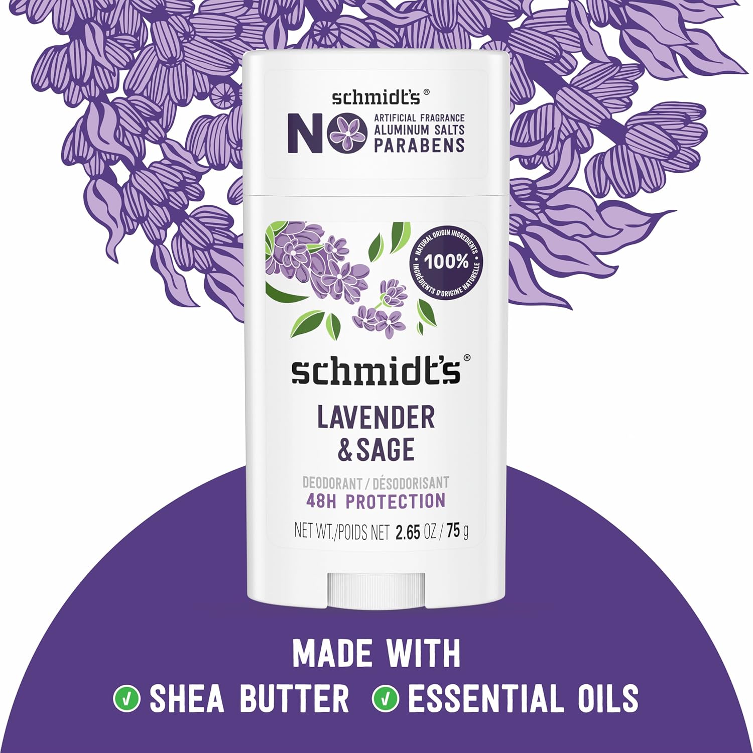 Schmidt's Aluminum-Free Vegan Deodorant Lavender & Sage with 24 Hour Odor Protection, 2 Count for Women and Men, Natural Ingredients, Cruelty-Free, 2.65 oz
