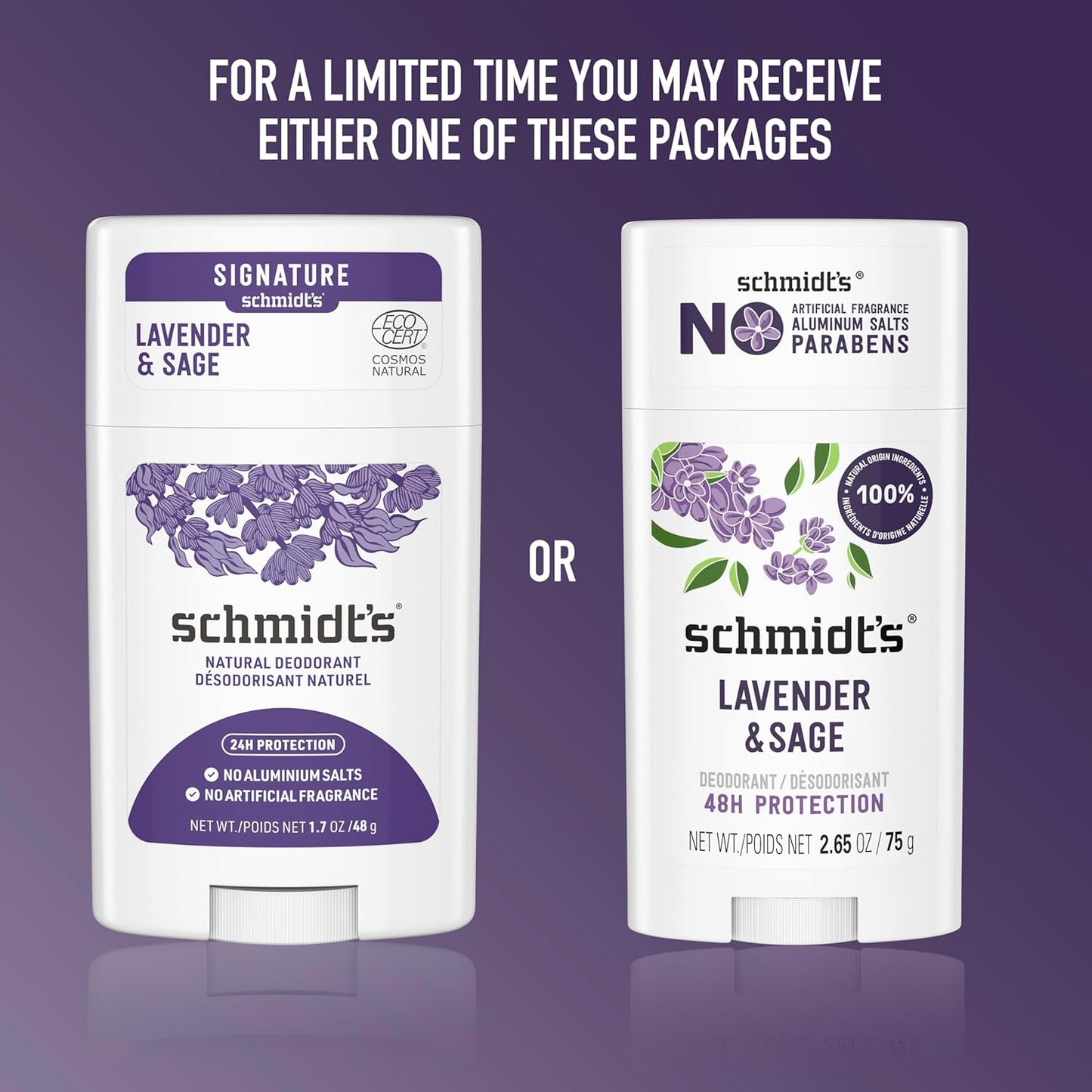 Schmidt's Aluminum-Free Vegan Deodorant Lavender & Sage with 24 Hour Odor Protection, 2 Count for Women and Men, Natural Ingredients, Cruelty-Free, 2.65 oz
