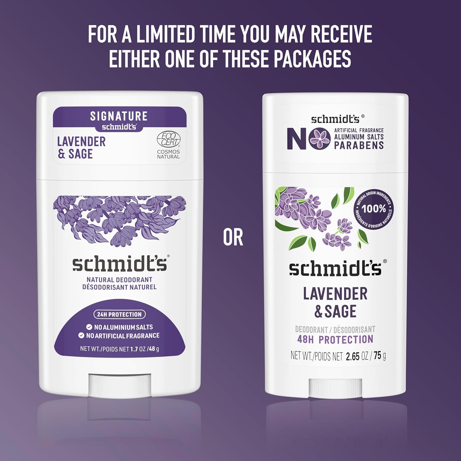 Schmidt's Aluminum-Free Vegan Deodorant Lavender & Sage with 24 Hour Odor Protection, 2 Count for Women and Men, Natural Ingredients, Cruelty-Free, 2.65 oz
